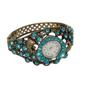 Quartz‎ Silvertone Aqua Rhinestone PEACOCK Watch Bracelet